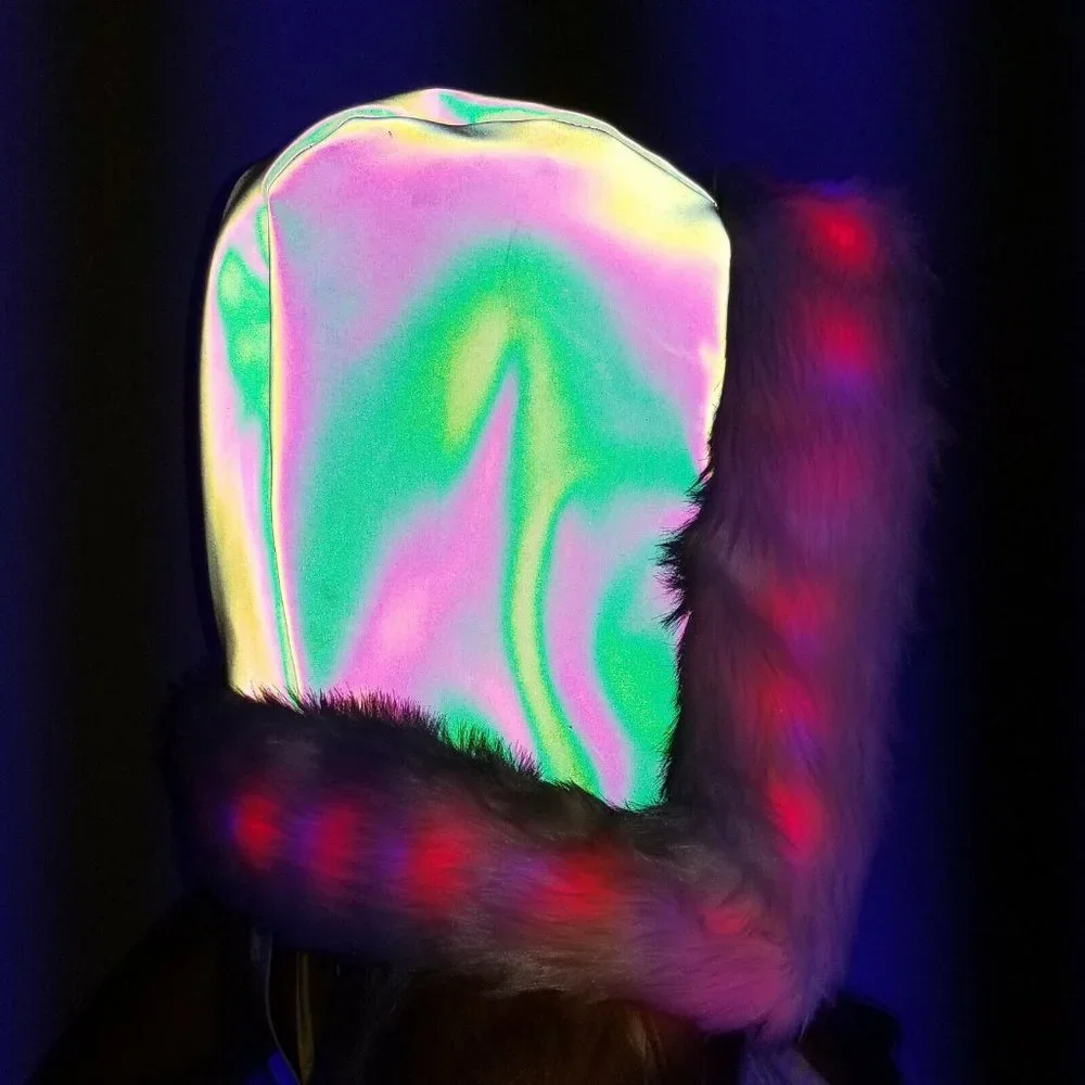 LED Fur Hood Hat Flash Reactive Fabric 20+ Color Changing Modes w/ Remote NWT‎